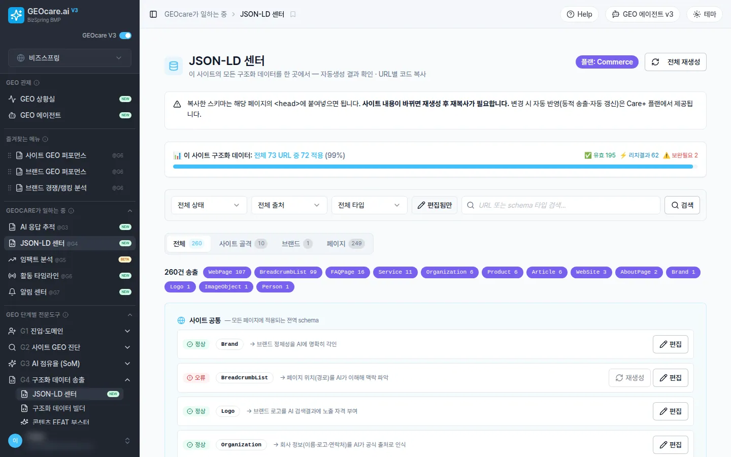 GEOcare · JSON-LD 센터 화면